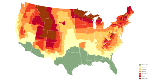 Map of the U.S. showing varying levels of change in vegetation, with color gradients indicating different categories.