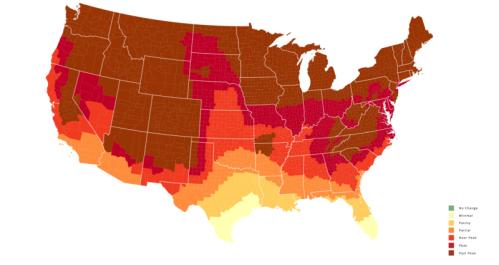 Map of the United States showing varying levels of heat zones, with colors ranging from yellow to dark red.