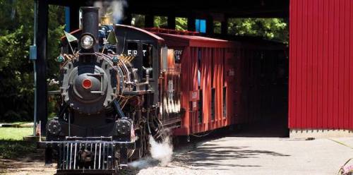 A vintage steam train emerges from a covered area, with a red passenger car behind it, surrounded by greenery.