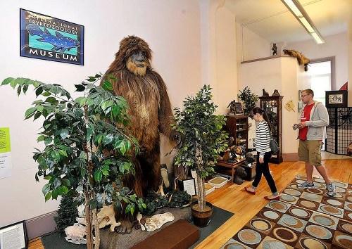A large Bigfoot statue stands in a museum, with visitors exploring exhibits surrounded by plants and displays.