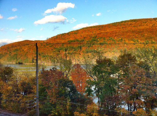 Scenic view of a river surrounded by autumn-colored trees and rolling hills under a blue sky with fluffy clouds.