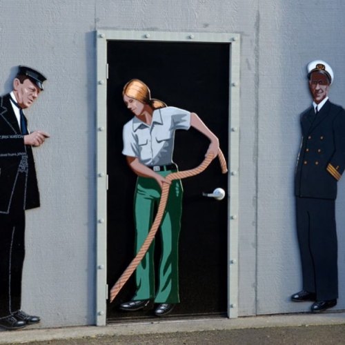 A mural depicting three figures: a sailor, a woman with a rope, and a naval officer by a door.