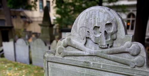 A weathered gravestone featuring a skull and crossbones, surrounded by other gravestones in a cemetery.