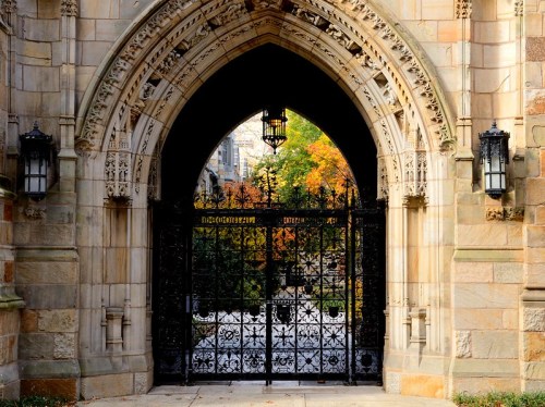 A grand stone archway with an ornate black gate, framed by intricate carvings and lanterns, leading to a colorful garden.