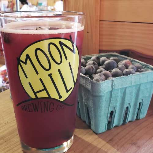 A glass of dark red beer sits on a wooden table next to a basket of fresh blueberries.