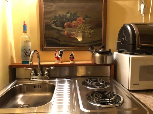 A kitchen scene featuring a sink, stove, kettle, wine bottle, and a framed painting of fruit on the wall.