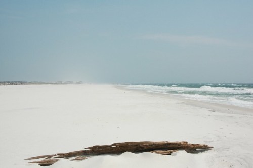 A serene beach scene with white sand, gentle waves, and a piece of driftwood in the foreground under a hazy sky.