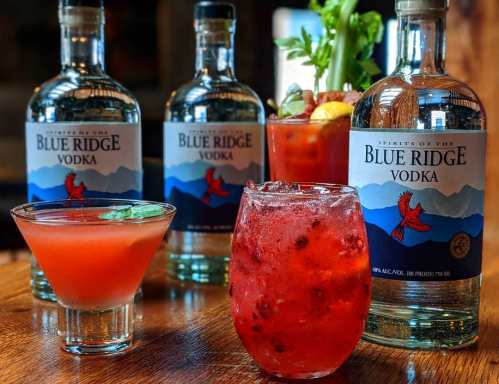 Three bottles of Blue Ridge Vodka with two cocktails: a pink drink and a red drink garnished with herbs and fruit.