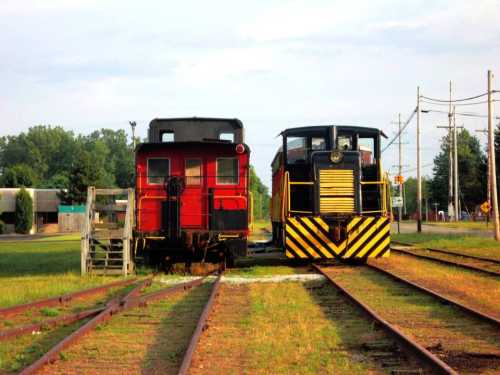 Two vintage trains on parallel tracks, one red and the other black and yellow, set against a green landscape.