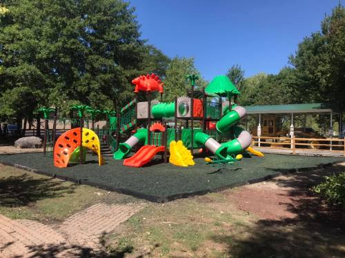 Colorful playground equipment with slides and climbing structures, surrounded by trees and a grassy area.