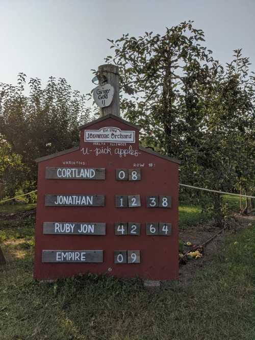 Sign at an orchard displaying apple varieties and their picking rows: Cortland, Jonathan, Ruby Jon, and Empire.