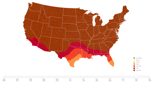 Map of the U.S. showing varying levels of drought severity from August to November 2023, with color-coded regions.