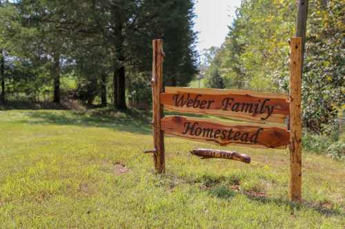 Wooden sign reading "Weber Family Homestead" in a grassy area surrounded by trees.