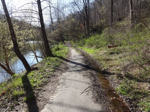 A winding path beside a calm river, surrounded by trees and greenery in a serene natural setting.