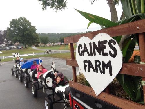 Children ride a cow-themed train at Gaines Farm, with a heart-shaped sign and greenery in the background.