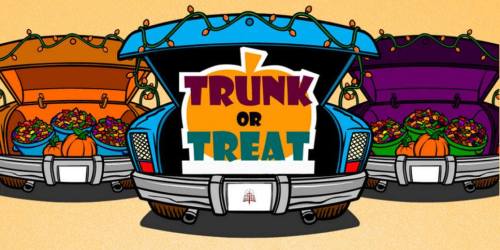 Colorful illustration of car trunks filled with pumpkins and candy, with "Trunk or Treat" text in the center.