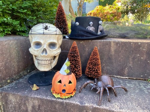 A decorative Halloween scene featuring a skull, a top hat, a pumpkin, a spider, and two small trees.