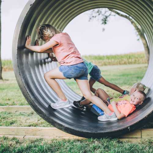 Children playing in a large tube structure on a sunny day, enjoying their time outdoors in a grassy area.