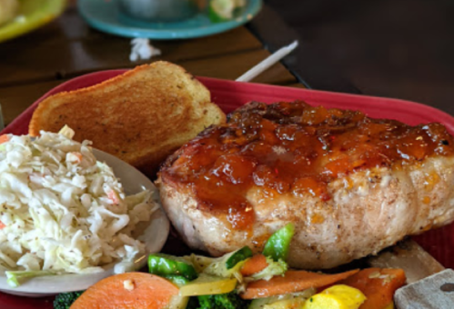 A plate featuring a large piece of glazed meat, coleslaw, mixed vegetables, and toasted bread.