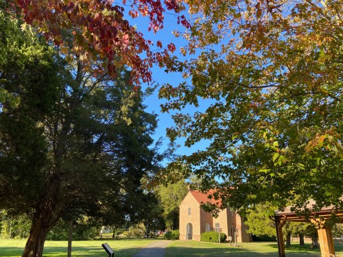 A scenic view of a park with colorful autumn leaves and a historic building under a clear blue sky.