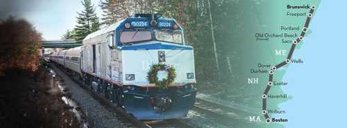 A train decorated with a wreath travels along a scenic route, with a map of the Maine and New Hampshire coastline.