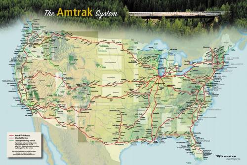 Map of the Amtrak system in the U.S., showing train routes and major stations across the country.