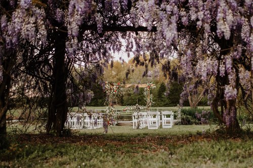 A serene outdoor wedding setup framed by blooming wisteria, featuring white chairs and a floral arch.