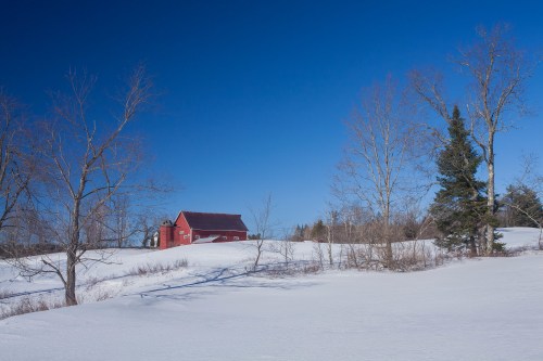 A red barn stands on a snowy landscape under a clear blue sky, surrounded by bare trees.
