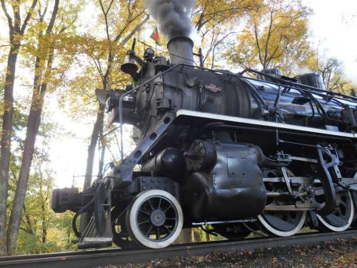 A vintage steam locomotive with billowing smoke, surrounded by autumn trees with colorful leaves.