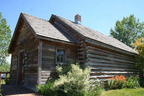 A rustic wooden cabin with a sloped roof, surrounded by greenery and colorful flowers under a clear blue sky.