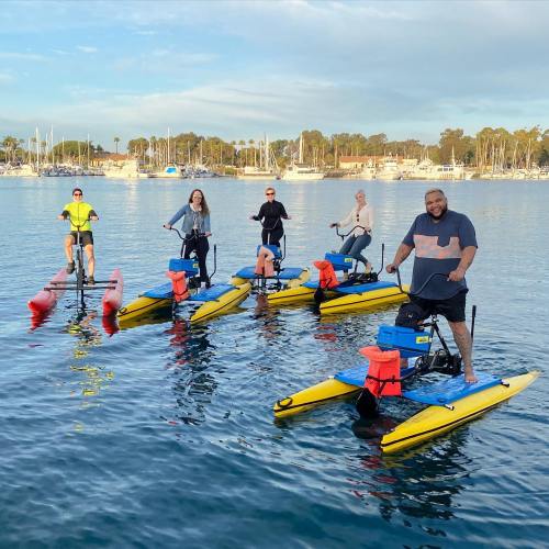 A group of six people on pedal-powered watercraft in a marina, enjoying a sunny day on the water.