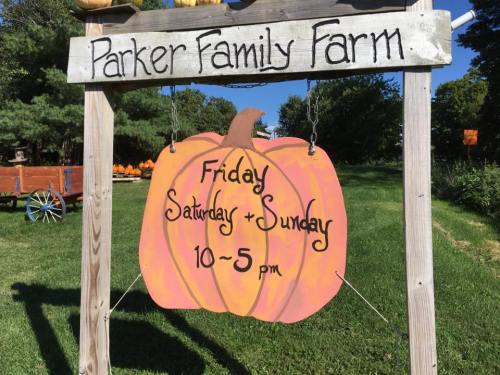 Sign for Parker Family Farm featuring a pumpkin, listing hours: Friday to Sunday, 10 AM to 5 PM.