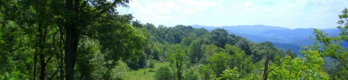 Lush green hills and trees under a bright blue sky, with distant mountains visible in the background.