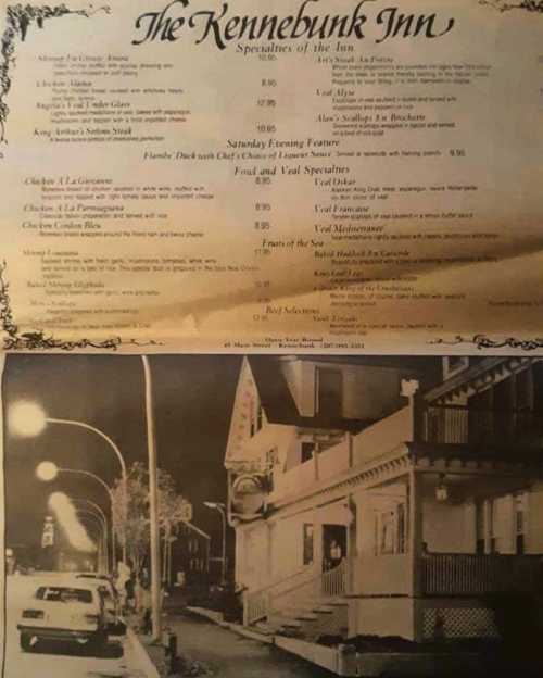 Menu from The Kennebunk Inn featuring dinner specials and a black-and-white photo of the inn's exterior at night.