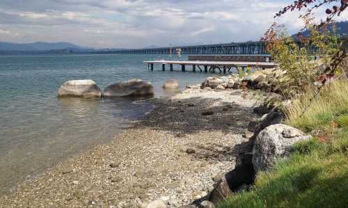 A serene lakeside view with a wooden pier, rocky shore, and gentle waves under a partly cloudy sky.