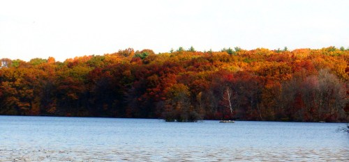 A serene lake surrounded by vibrant autumn foliage in shades of orange, red, and yellow under a clear sky.