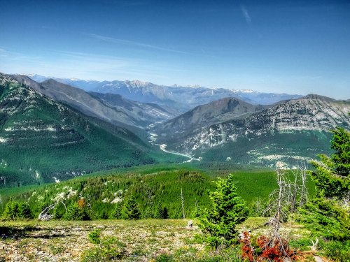A panoramic view of lush green mountains and valleys under a clear blue sky, with distant snow-capped peaks.