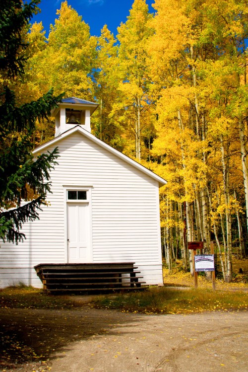 A white building with a bell tower surrounded by vibrant yellow autumn trees.