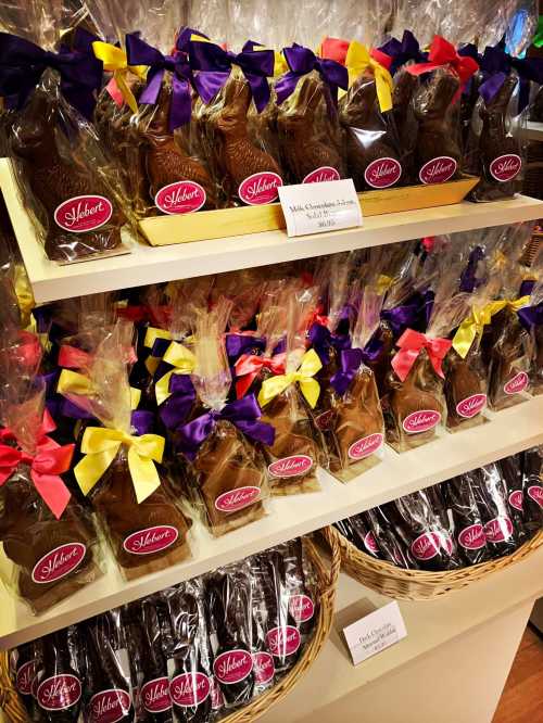 A display of chocolate treats in clear bags, tied with colorful ribbons, arranged on shelves.