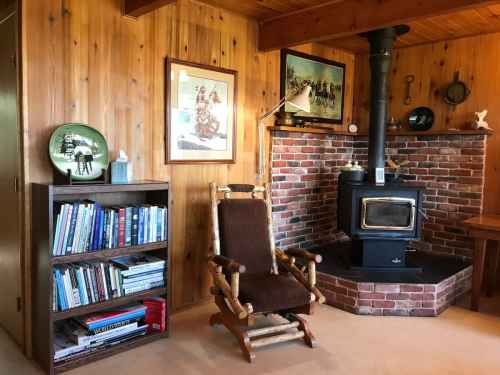 Cozy interior with wooden walls, a brick fireplace, a rocking chair, and a bookshelf filled with books.