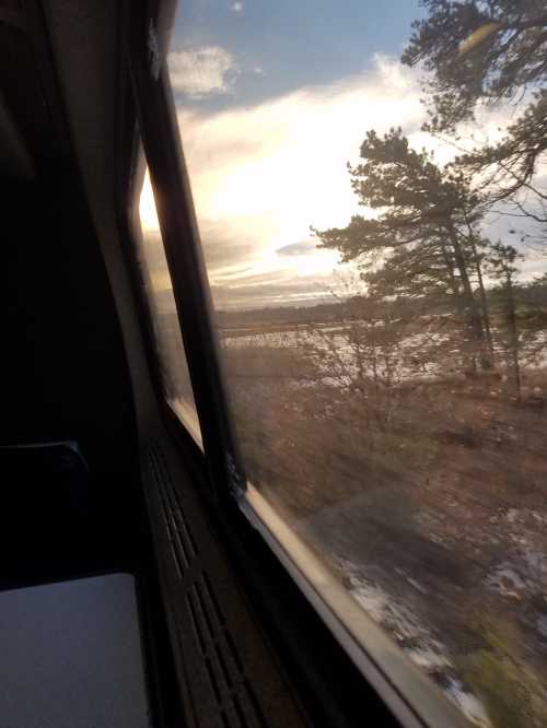 View from a train window showing a landscape with trees and a cloudy sky reflecting sunlight.