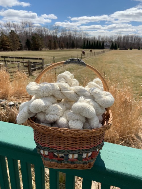 A woven basket filled with white yarn sits on a green railing, with a grassy field and trees in the background.