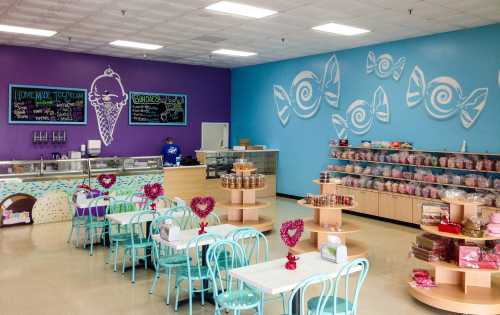 Bright candy shop interior with pastel tables, a display of sweets, and colorful wall art featuring ice cream and candy designs.