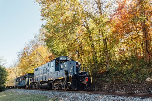A black train engine travels along a track surrounded by vibrant autumn foliage.