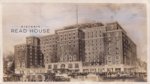 Historic illustration of the Read House, a grand hotel with multiple stories and ornate architecture.