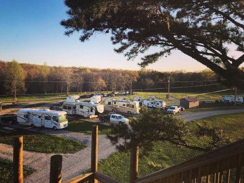 A view of a campground with several RVs parked among trees and grassy areas, under a clear sky.