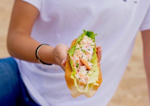 A person holding a lobster roll filled with lettuce and seafood, set against a sandy background.