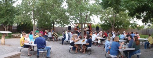 A lively outdoor gathering with people seated at picnic tables, enjoying music under trees in a casual setting.