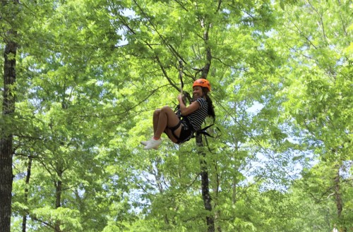 A person in a helmet zip-lining through a lush green forest on a sunny day.