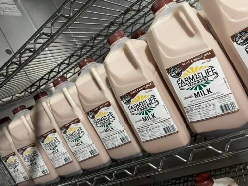A row of milk jugs on a shelf, labeled "Farm to Life" with a creamy, light brown color.